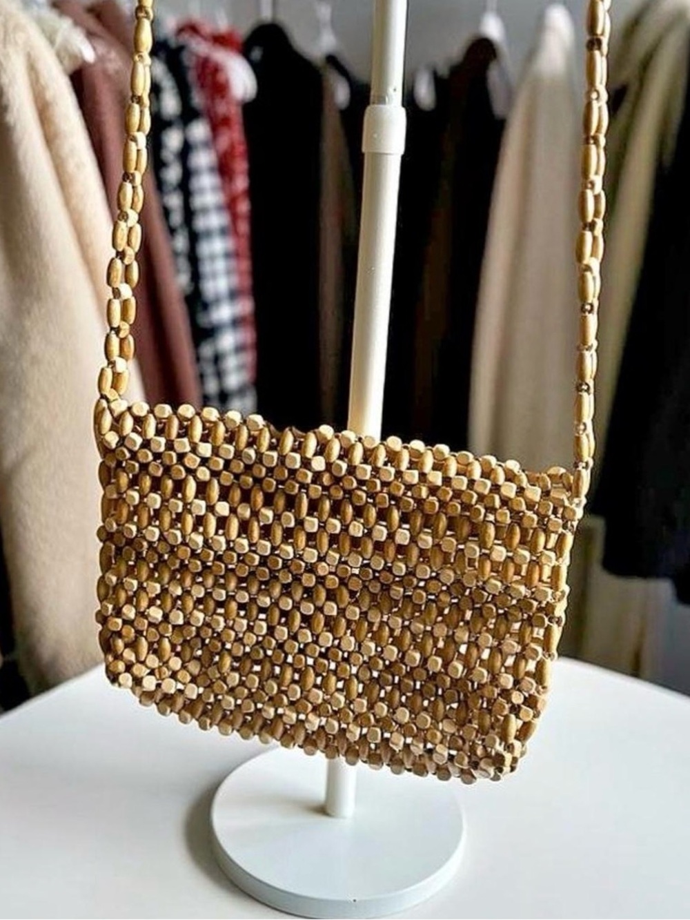 Wooden Beaded Shoulder Bag | Boho Y2K Neutral Beaded Woven Purse - Picture 4 of 7